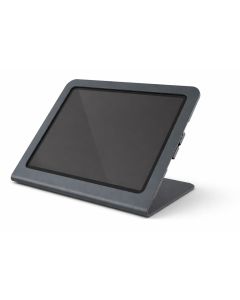 Zijaanzicht van de Heckler Design Windfall tabletstandaard voor iPad Air 13 inch, in een verstelbare positie.