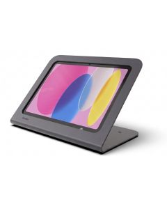 Zijaanzicht van de Heckler Design Windfall tabletstandaard voor iPad, met een iPad in gebruik en een kleurrijke achtergrond.