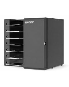 Zijaanzicht van de Manhattan AC oplaadkast met open compartimenten voor 7 apparaten tot 16 inch.