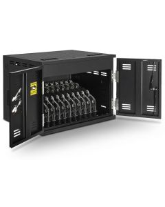 Open AVer X12 AC oplaadkast met zichtbare laadcompartimenten voor 12 mobiele apparaten tot 15 inch.