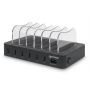 Zijaanzicht van het Manhattan 6 poorts USB-A oplaadstation met open laadcompartimenten en zichtbare USB-poorten.