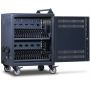 Zijaanzicht van de Power Technologies AC-30 oplaadkar met open deur en zichtbare oplaadcompartimenten voor 30 apparaten.