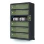 Zijaanzicht van de Lockeel wand laadlocker met 6 compartimenten, met een open compartiment en zichtbare oplaadstations.