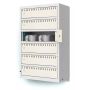 Zijaanzicht van de Lockeel wand laadlocker met 6 compartimenten, met een open compartiment dat de oplaadkabels toont.