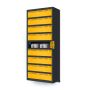 Zijaanzicht van de Lockeel wand laadlocker met 9 compartimenten, met een open compartiment en zichtbare laadconnectoren.