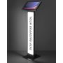 Studiofoto van de zwarte Compulocks BrandMe Lumina Apex vloerstandaard met verlicht paneel voor branding en een gemonteerde Samsung Galaxy Tab S10 Ultra.
