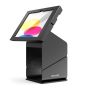 Zijaanzicht van de Compulocks tabletprinter kiosk met iPad 10.9 inch, zwart, met een schuin geplaatste tablet.