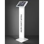 Studiofoto van de witte Compulocks BrandMe Lumina Apex vloerstandaard voor iPad Air 11 inch, schuin van voren met verlichte display voor logo's.