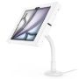 Zijaanzicht van de Compulocks Flex Apex tafelhouder voor iPad Air 11 inch, met flexibele arm en wit ontwerp.