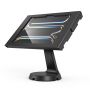 Zijaanzicht van de Compulocks Mast Apex tafelstandaard voor iPad Pro 11 inch, met een moderne, zwarte afwerking en een stevige basis.