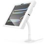 Zijaanzicht van de Compulocks Flex Apex tafelhouder voor iPad Pro 13 inch, met flexibele arm en wit ontwerp.