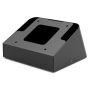 Zijaanzicht van de Compulocks AV Capsule VESA tafelstandaard in zwart, met zichtbare bevestigingspunten.