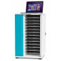 Open Zioxi onView2 laptop oplaadkast met zichtbare compartimenten voor 16 laptops en een laptop bovenop.