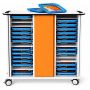 Open Zioxi iPad oplaadkar met zichtbare compartimenten voor 32 iPads in kindvriendelijke hoezen.