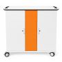 Front view of Zioxi onView2 iPad USB-C oplaadkar met opvallende oranje deur en wielen voor mobiliteit.