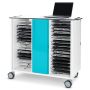 Zijaanzicht van de Zioxi onView2 laptop oplaadkar met open compartimenten voor 32 laptops en een laptop op de bovenkant.