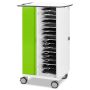 Zijaanzicht van de Zioxi iPad oplaadkar met open compartimenten voor 16 iPads en zichtbare kabelbeheerdetails.