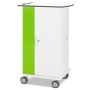 Zijaanzicht van de Zioxi onView2 iPad oplaadkar met groene deur en wielen voor mobiliteit.