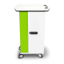 Zijaanzicht van de Zioxi iPad oplaadkar met een groene en witte afwerking en RFID-slot.