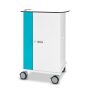 Zijaanzicht van de Zioxi onView2 laptop oplaadkar met digitaal codeslot en wielen voor mobiliteit.