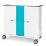 Zijaanzicht van de Zioxi laptop USB-C oplaadkar met een turquoise middenpaneel en wielen voor mobiliteit.
