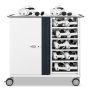 Vooraanzicht van de Zioxi onView2 VR headset oplaadkar met 40 VR headsets en digitale codeslot.