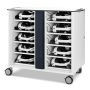 Zijaanzicht van de Zioxi onView2 VR headset oplaadkar met 40 VR headsets in opbergcompartimenten.