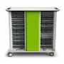 Vooraanzicht van de Zioxi iPad oplaadkar met open compartimenten voor 40 iPads en een opvallende groene RFID-slot.