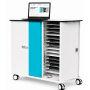 Zijaanzicht van de Zioxi onView2 laptop oplaadkar met open compartimenten voor 32 laptops en digitaal codeslot.