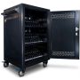 Zijaanzicht van de Power Technologies PT-36 AC oplaadkar met open deur en zichtbare laadcompartimenten voor 36 laptops.