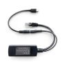 Detailopname van de Smart Things sCharge PoE 4856 splitter met Micro-USB kabel, zichtbaar zijn de aansluitingen en specificaties.