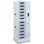 Zijaanzicht van de Power Technologies oplaadlocker SC-LOCKER-12 met 12 vakken en RFID-slot, gesloten en zonder kabels zichtbaar.
