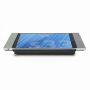 Zijaanzicht van de Smart Things sDock Fix tafelstandaard voor iPad Air 10.9 inch, met een zilveren afwerking en het scherm zichtbaar.
