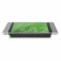 Zijaanzicht van de Smart Things sDock Fix tafelstandaard voor iPad 10.9 inch, met een zilveren afwerking en een iPad in gebruik.