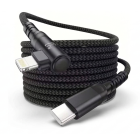 Detailweergave van de Torvik USB-C naar haakse Lightning connector met een zwarte gevlochten kabel.