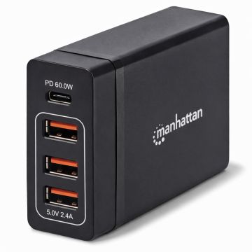 Zijaanzicht van de Manhattan 72 W 4-Port USB-A/C Power Delivery oplaadhub met zichtbare USB-poorten en logo.
