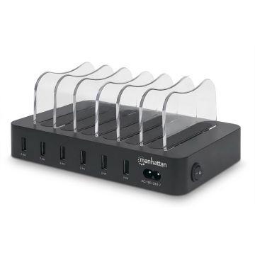 Zijaanzicht van het Manhattan 6 poorts USB-A oplaadstation met open laadcompartimenten en zichtbare USB-poorten.