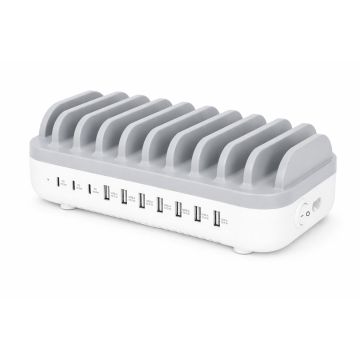Zijaanzicht van het Manhattan 10 poorts USB Power Delivery oplaadstation met zichtbare oplaadpoorten en kabelbeheer.