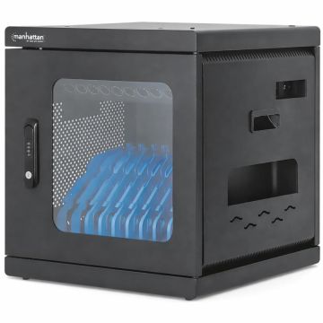 Zijaanzicht van de Manhattan AC oplaadkast met open compartimenten voor 10 tablets of laptops, zichtbaar met blauwe houders.