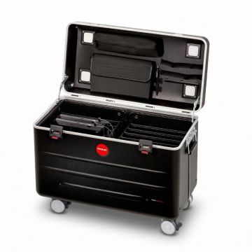 Open PARAT N10 AC oplaadkoffer met zichtbare compartimenten voor 10 laptops en kabelbeheer.