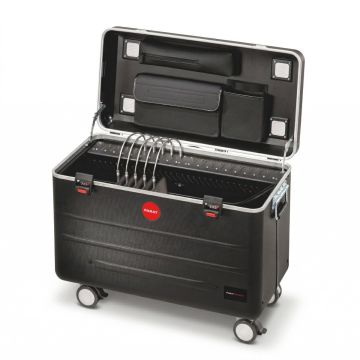 Open PARAT UC20 UltraCharge oplaadkoffer met zichtbare laadcompartimenten en accessoires in de deksel.