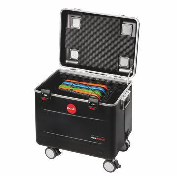 Open PARAT TC10 EDUCOVER oplaadkoffer met kleurrijke tabletcompartimenten en kabelbeheer.
