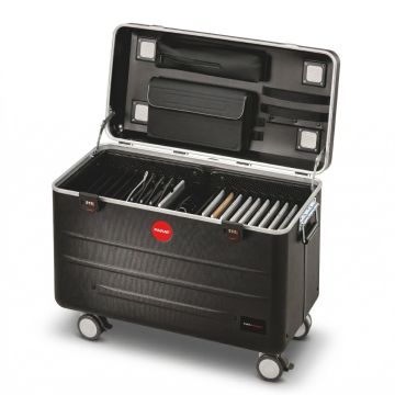 Open PARAT TC20 GaN TwinCharge oplaadkoffer met ruimte voor 20 tablets, inclusief opbergvak en kabelbeheer.