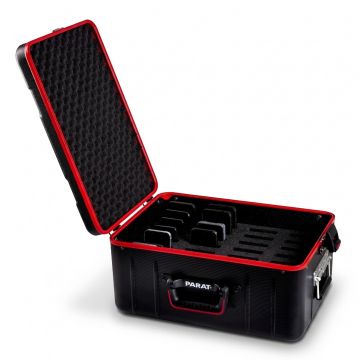 Open PARAT Case Mobile ACTIVE draagkoffer met ruimte voor 28 smartphones, zichtbaar met schokabsorberend interieur.