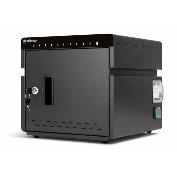 Zijaanzicht van de Manhattan USB-C oplaadkast met sleutel en RFID-slot detail.