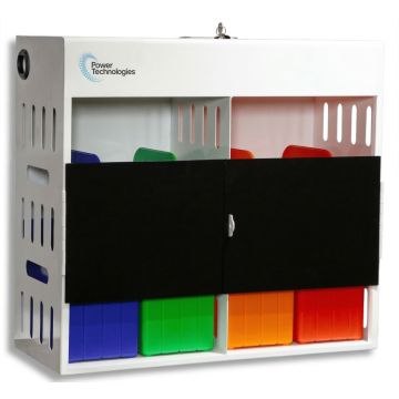 Zijaanzicht van de Power Technologies AC-GO-16 oplaadkast met gesloten compartimenten en kleurrijke mandjes voor 16 apparaten.