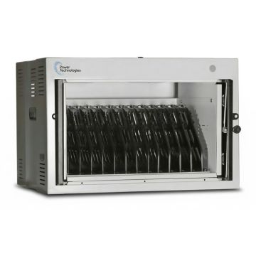 Zijaanzicht van de Power Technologies AC-MINI oplaadkast met open compartimenten voor 12 laptops.