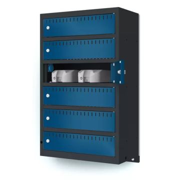 Zijaanzicht van de Lockeel wand laadlocker met 6 compartimenten, met een geopend compartiment dat de oplaadunits toont.