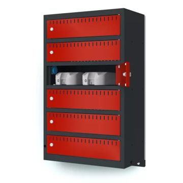 Zijaanzicht van de Lockeel wand laadlocker met 6 compartimenten, met één compartiment geopend en zichtbare oplaadstations.