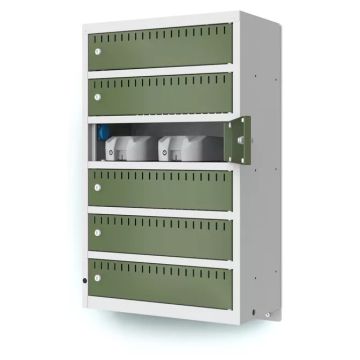 Zijaanzicht van de Lockeel wand laadlocker met 6 compartimenten, met een geopend compartiment dat de laadstations toont.